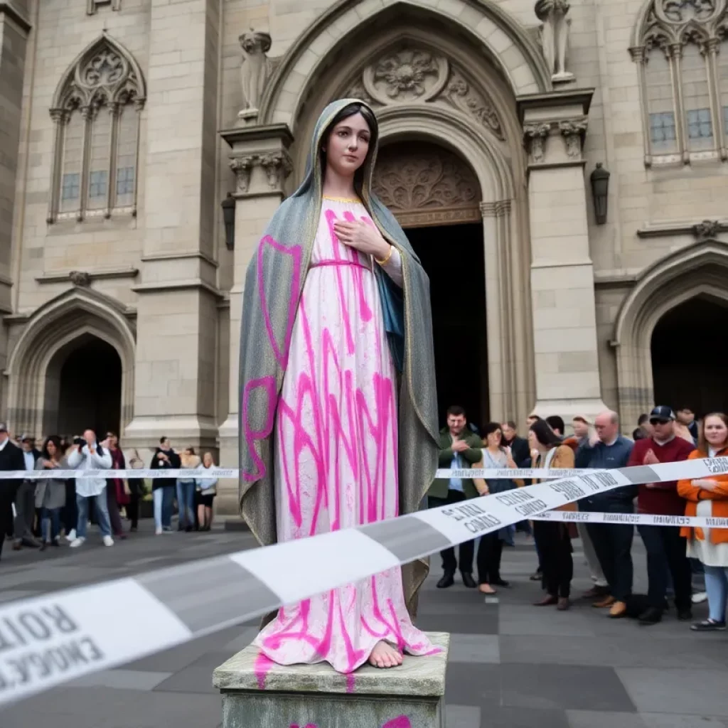 Vandalized Virgin Mary statue at Cathedral of the Holy Cross
