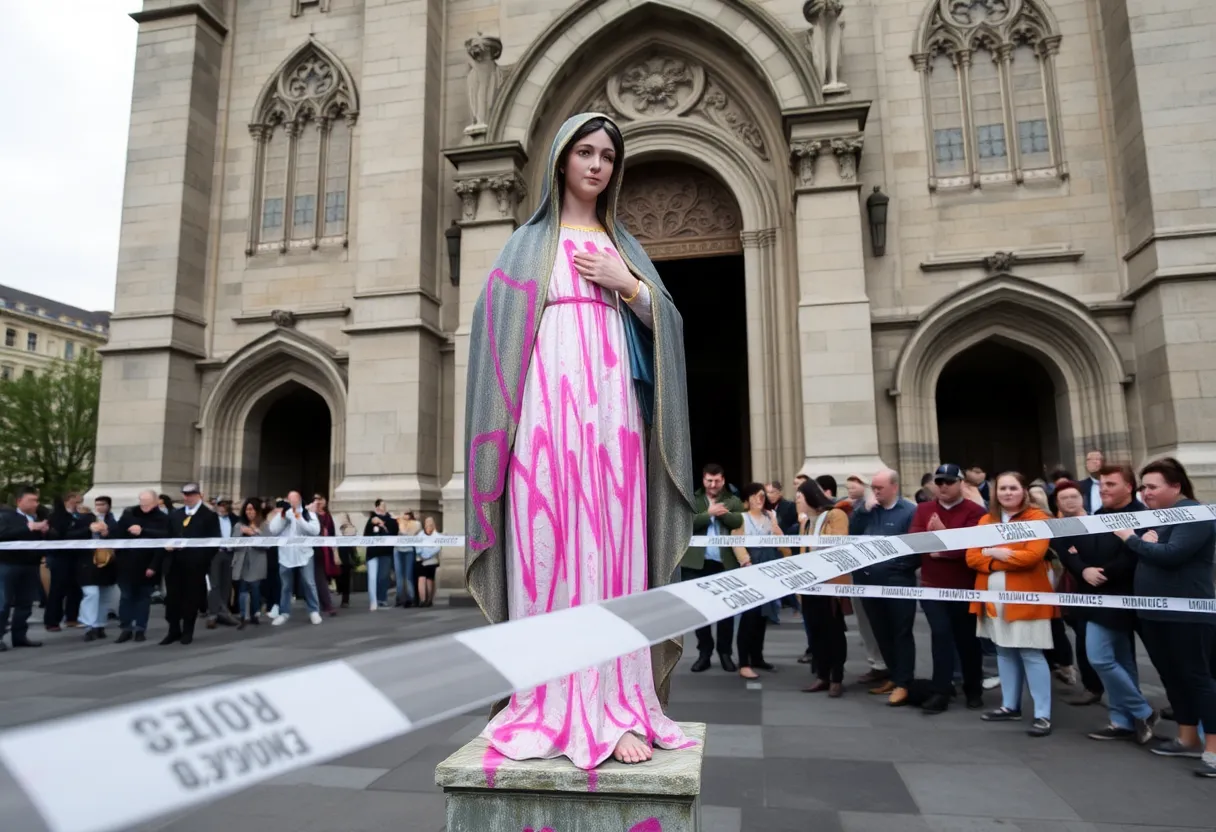 Vandalized Virgin Mary statue at Cathedral of the Holy Cross