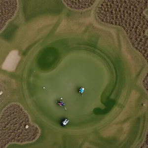 Aerial view of a poorly maintained golf course with patchy grass and golfers on the course