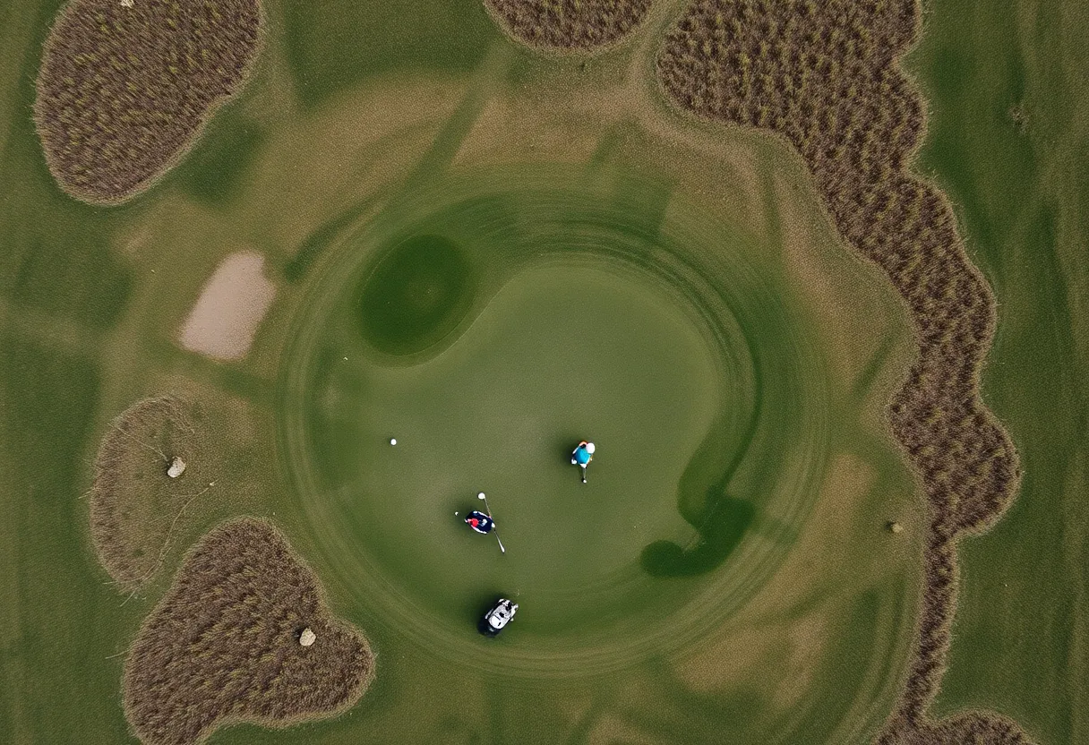 Aerial view of a poorly maintained golf course with patchy grass and golfers on the course