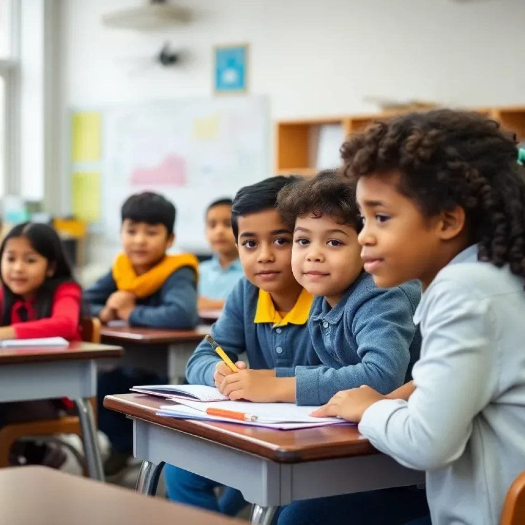 Students in a diverse classroom at a private K-12 school in Boston.