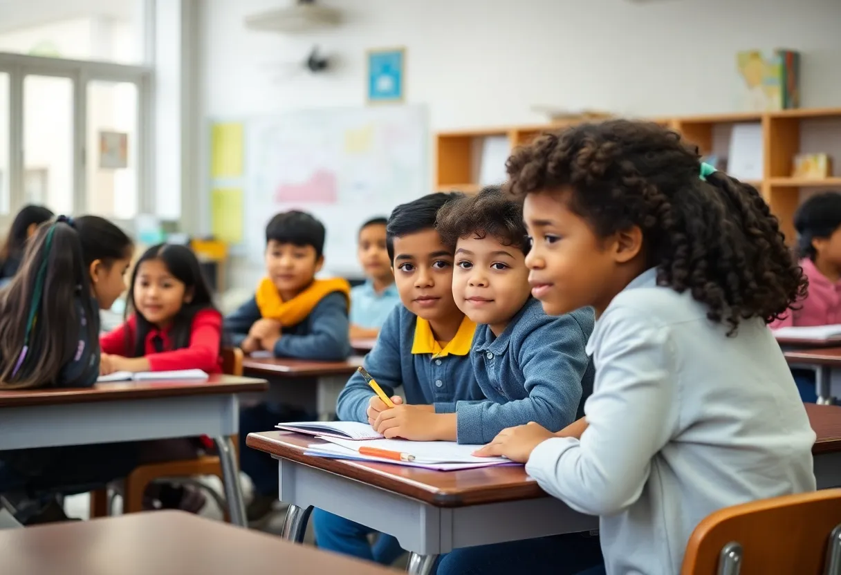 Students in a diverse classroom at a private K-12 school in Boston.