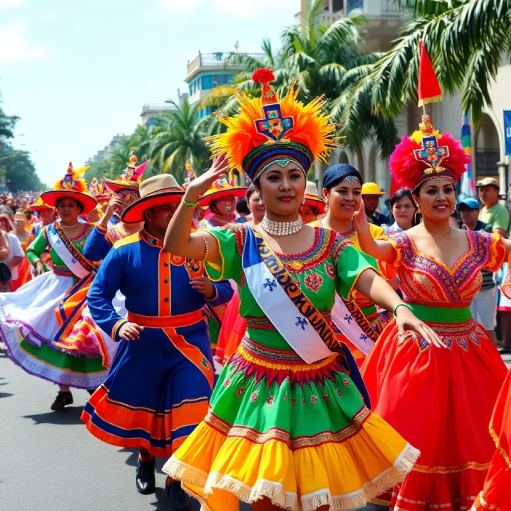 Participants in the Dominican parade wearing bright costumes and dancing.