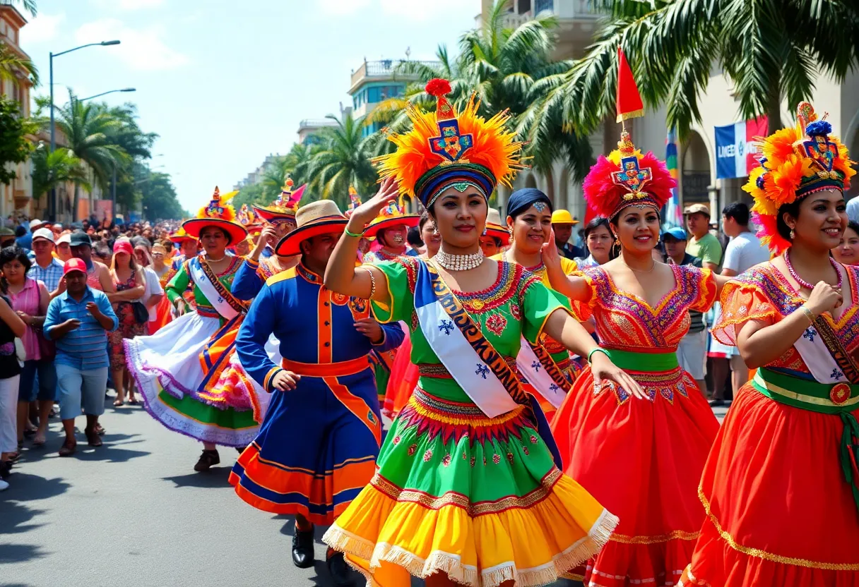 Participants in the Dominican parade wearing bright costumes and dancing.