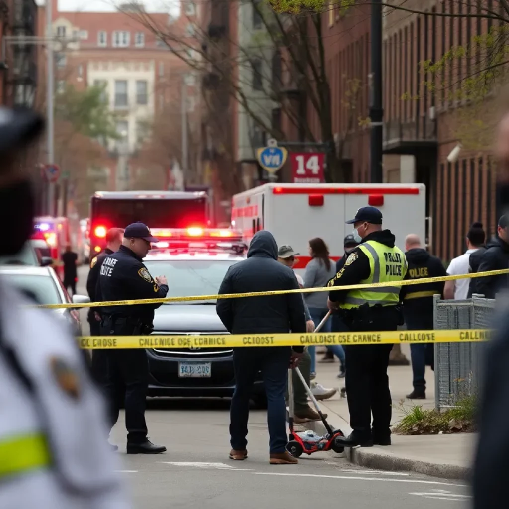 Police and emergency services at a shooting scene in Dorchester, Boston
