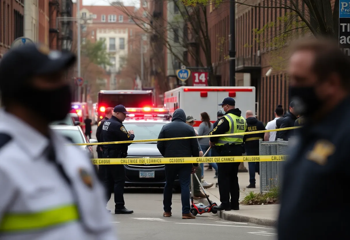 Police and emergency services at a shooting scene in Dorchester, Boston