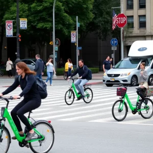 Crosswalk in Boston where e-bike accident occurred with pedestrians and e-bikes present