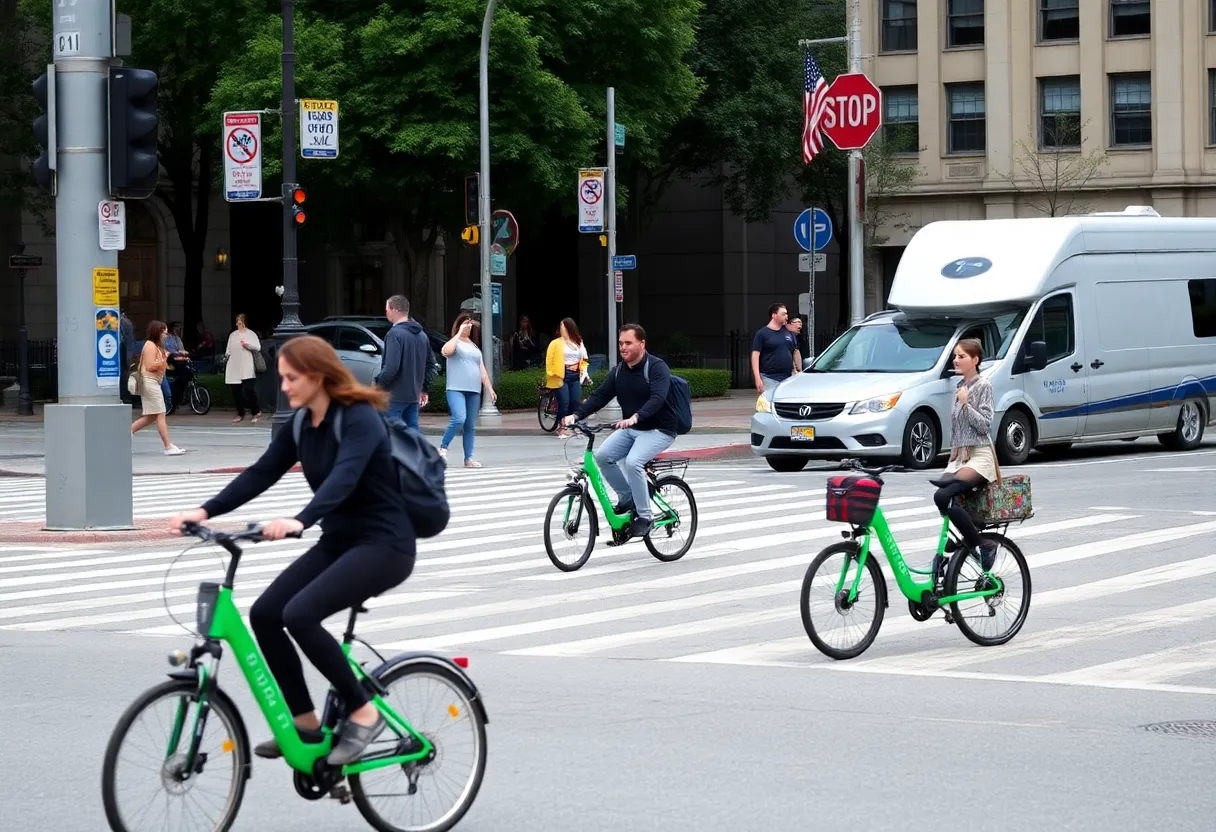 Crosswalk in Boston where e-bike accident occurred with pedestrians and e-bikes present