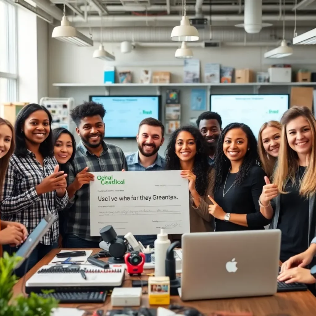 Group of entrepreneurs celebrating in an office with technology tools