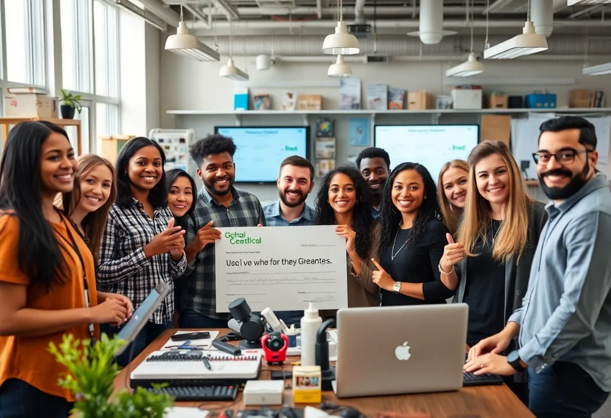 Group of entrepreneurs celebrating in an office with technology tools