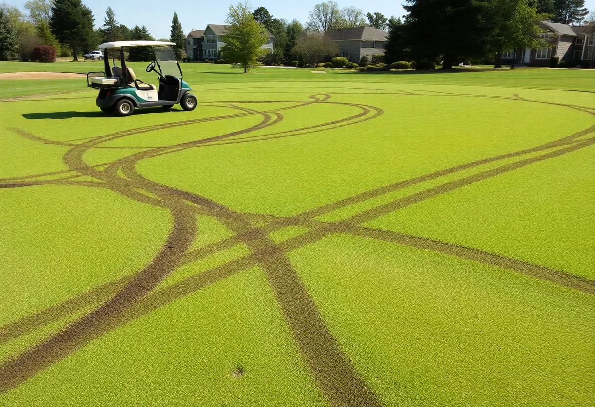 Evanston golf course with tire marks and damaged greens