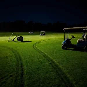 Damaged golf course with overturned golf carts at night