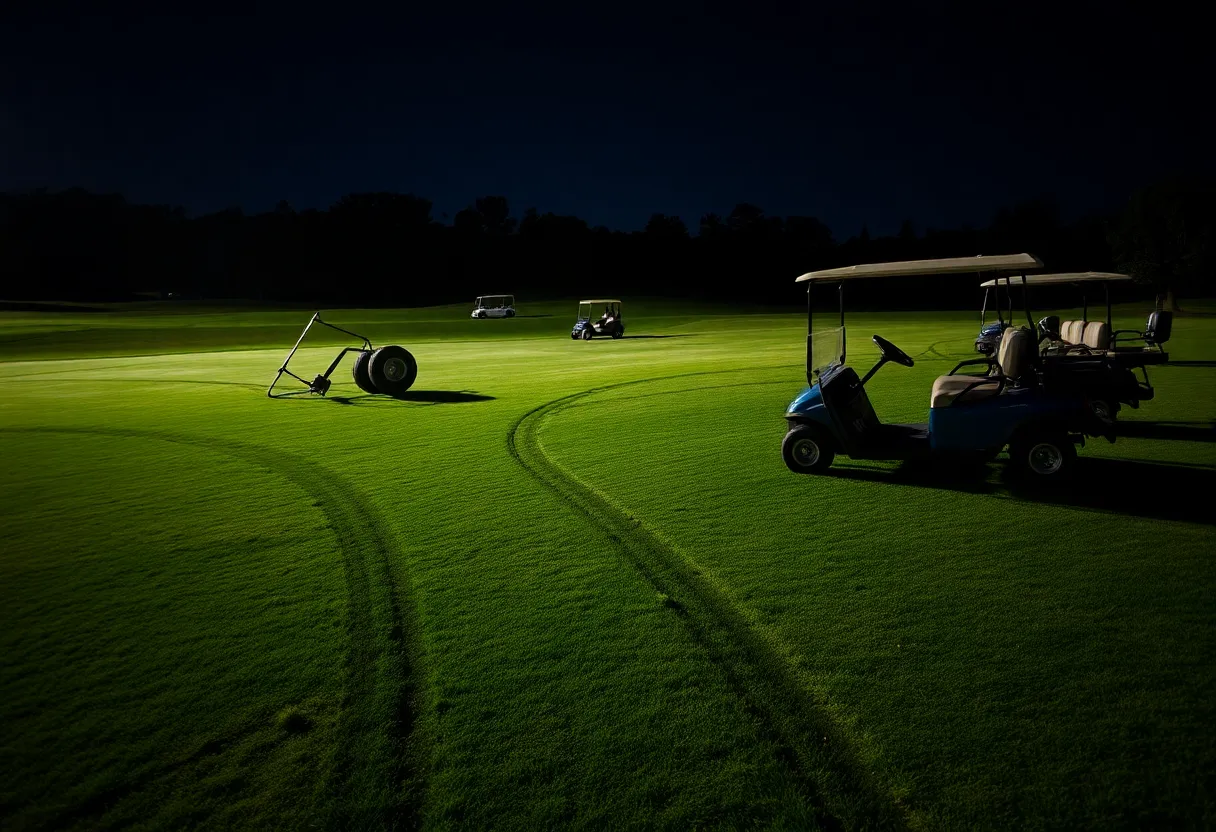 Damaged golf course with overturned golf carts at night