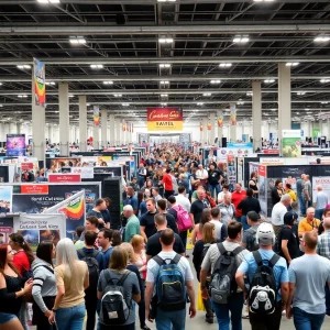A lively scene at FAN EXPO Boston with fans in costumes and celebrity panels.