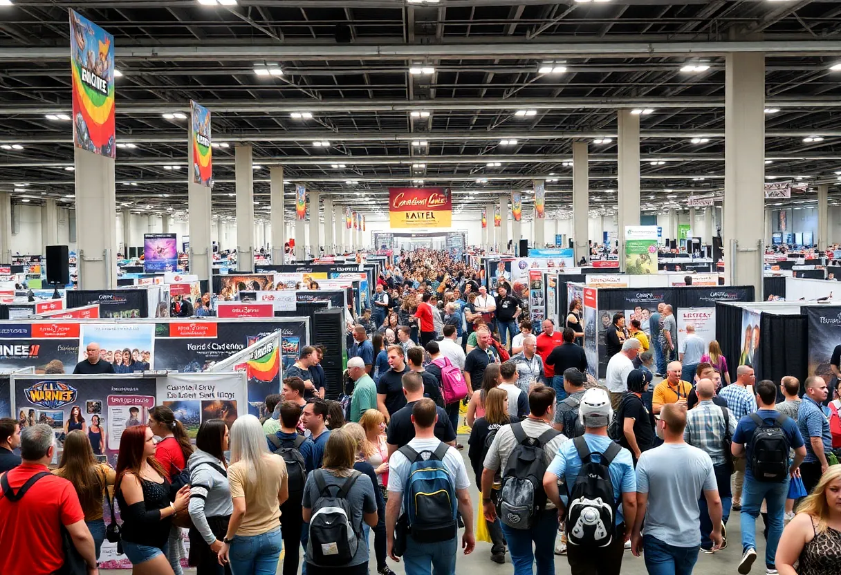 A lively scene at FAN EXPO Boston with fans in costumes and celebrity panels.