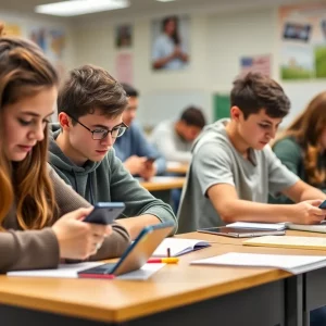 Students engaged in classroom activities without cell phones.