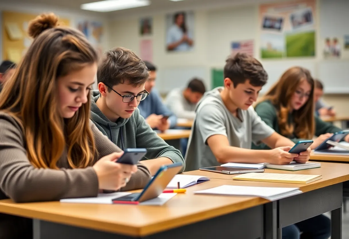 Students engaged in classroom activities without cell phones.
