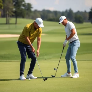 Two golfers discussing strategy on a golf course during a four-ball event.