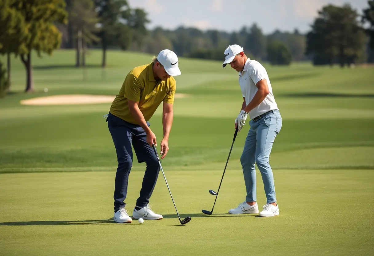 Two golfers discussing strategy on a golf course during a four-ball event.