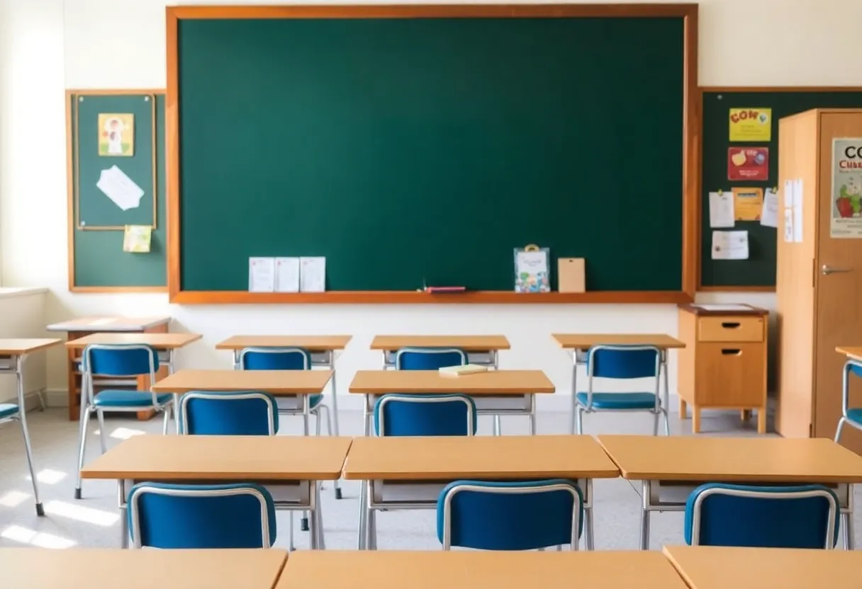 Empty classroom highlighting K-12 funding issues in Massachusetts