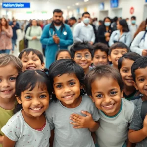 Children arriving at an airport for medical treatment