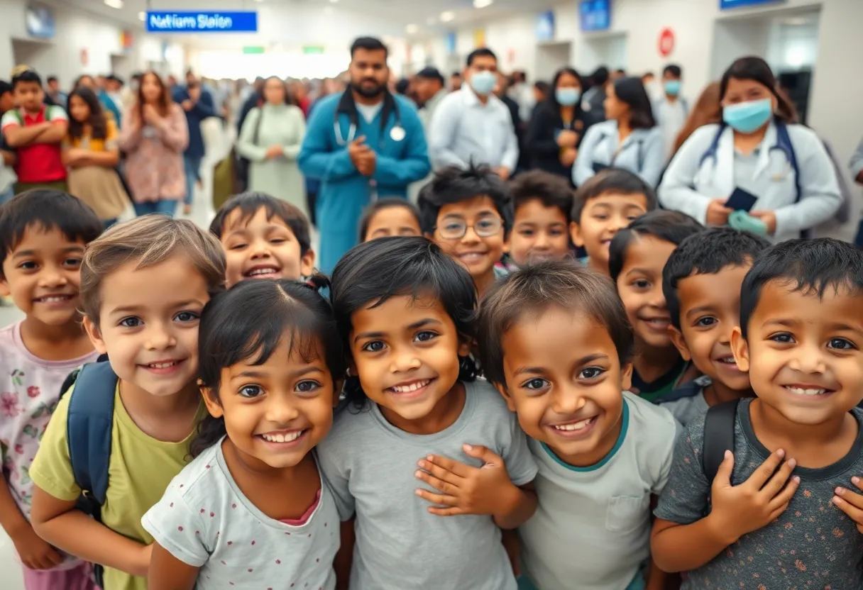 Children arriving at an airport for medical treatment