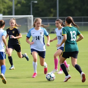 High school girls soccer players in action during a match.