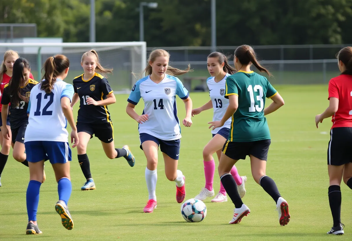 High school girls soccer players in action during a match.