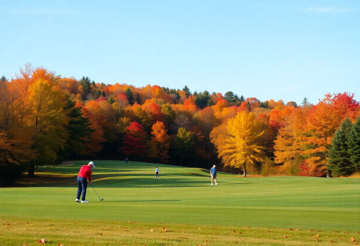 Golfers practicing on a scenic New England golf course surrounded by autumn leaves.
