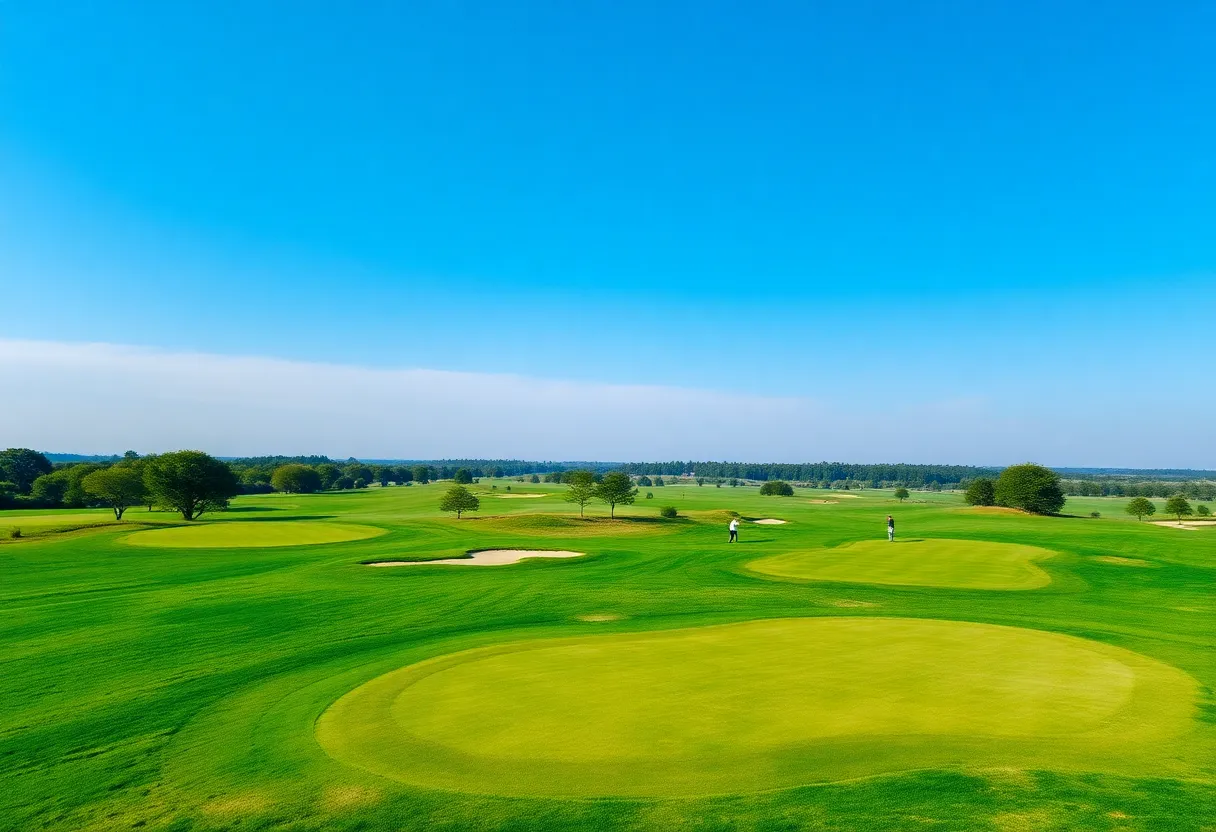 A scenic view of a golf course with golfers in action on the fairway.