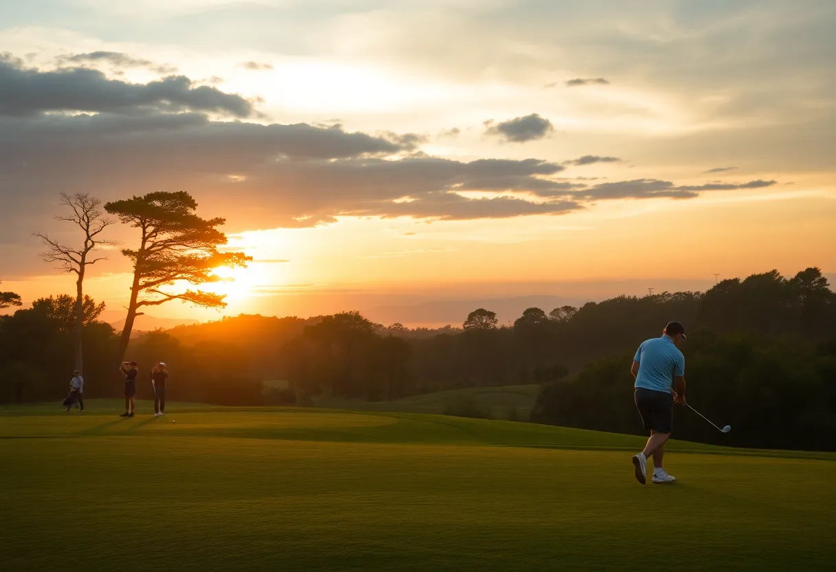 Scenic view of a golf course at sunset with golfers in the background