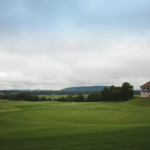 Scenic view of a golf course landscape during cloudy weather