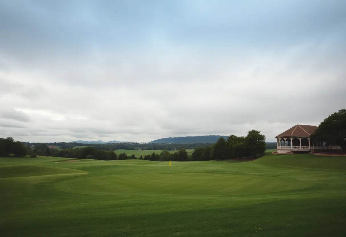 Scenic view of a golf course landscape during cloudy weather