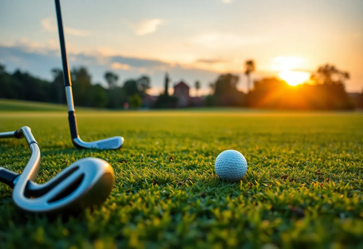 A serene golf course at sunset, representing the love for golf and family.