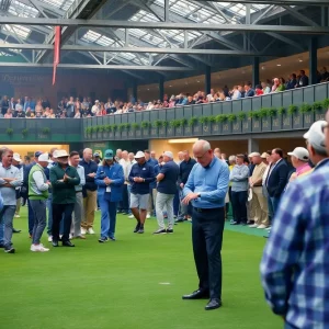 Golf players in action at the Belfry exhibition match celebrating Ryder Cup history.