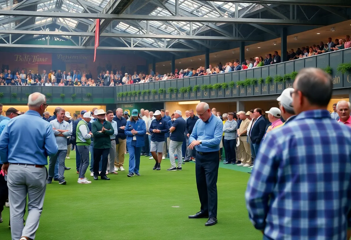 Golf players in action at the Belfry exhibition match celebrating Ryder Cup history.