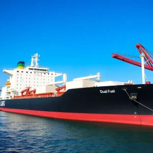The Green Pioneer, a Singapore-flagged ore carrier, docked in Boston, highlighting modern shipping technology.