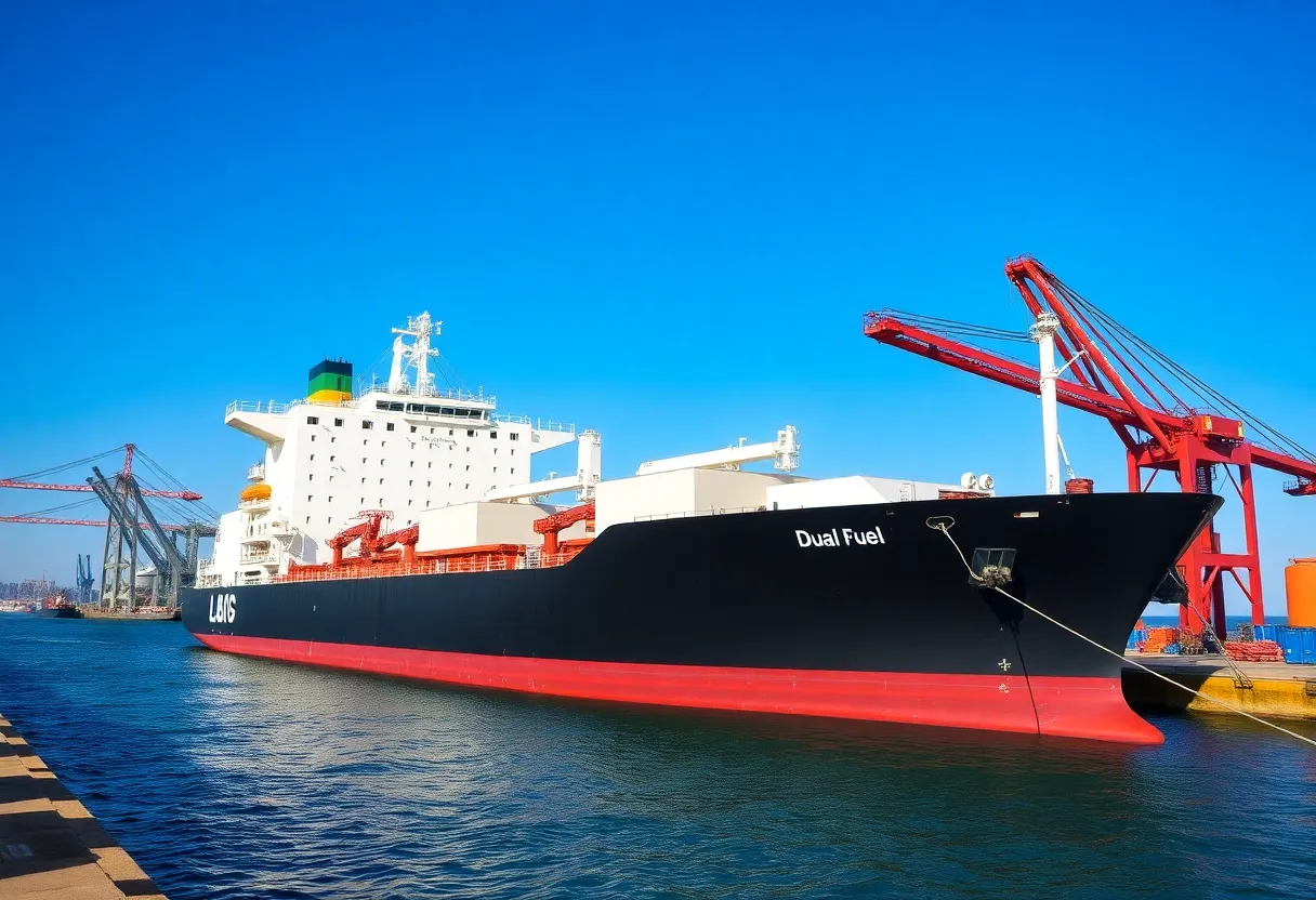 The Green Pioneer, a Singapore-flagged ore carrier, docked in Boston, highlighting modern shipping technology.