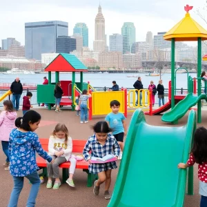 Children playing in Gronk Playground with sports-themed equipment.