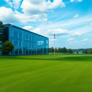 Aerial view of a golf course with data center overlay