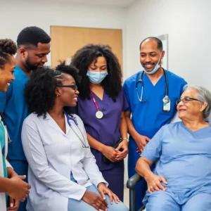 Diverse healthcare providers assisting immigrant patients in a hospital