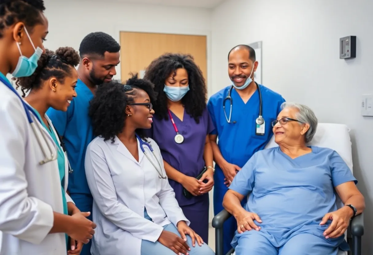 Diverse healthcare providers assisting immigrant patients in a hospital