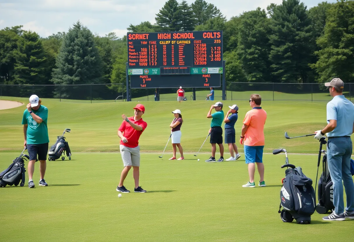 High school students practicing golf on a course.