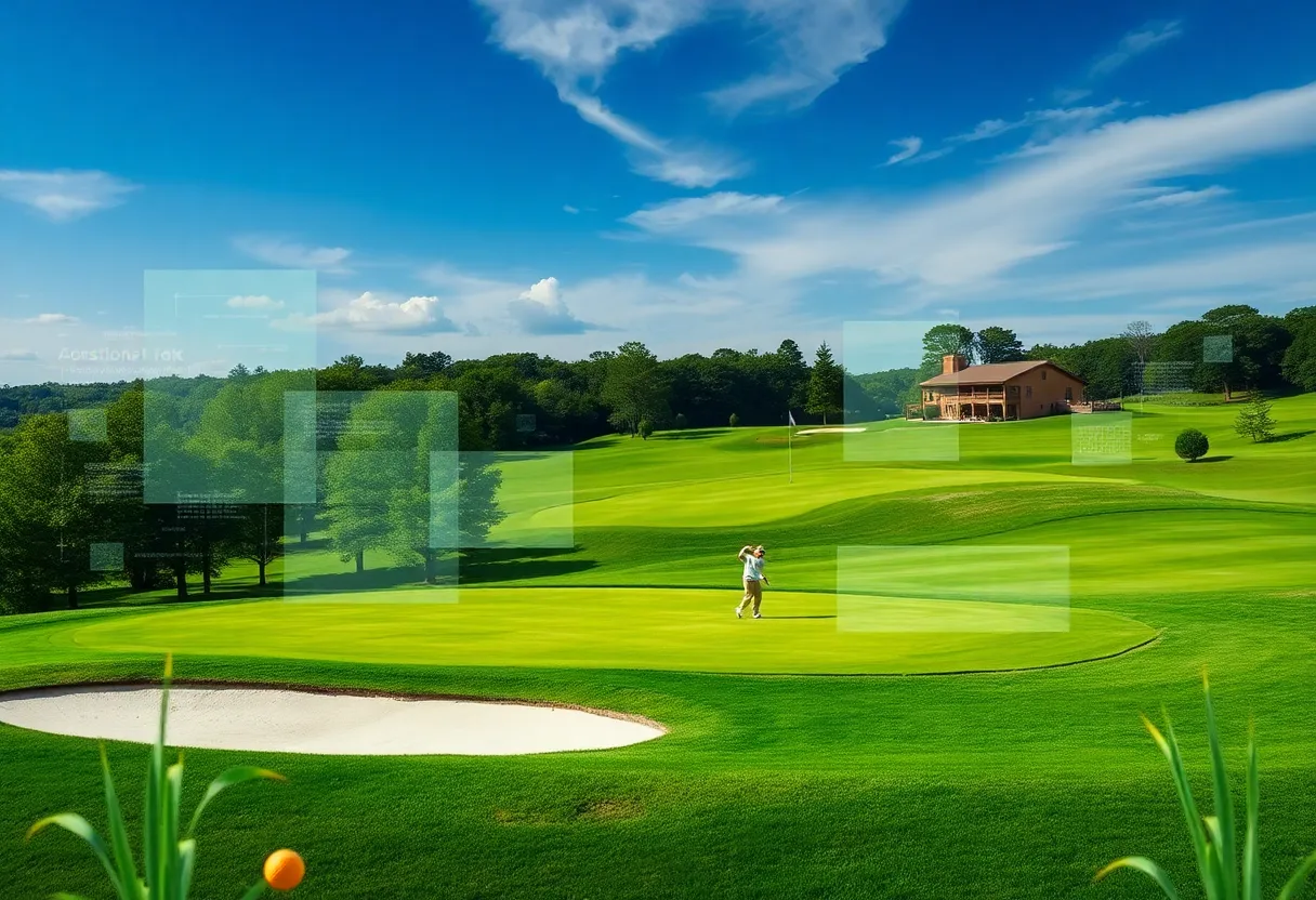 Illustration of golf course with digital scam elements.