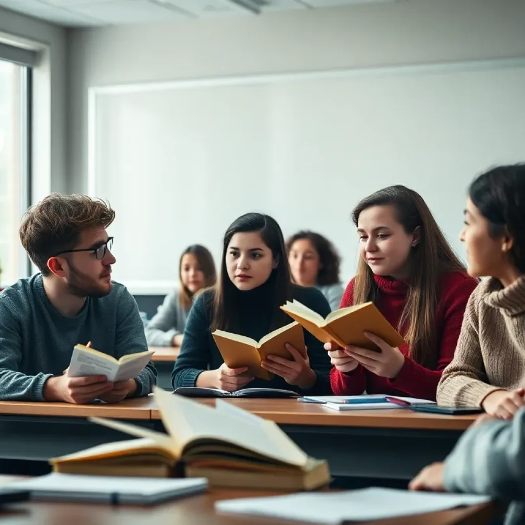 Students engaging in discussion with AI in the background