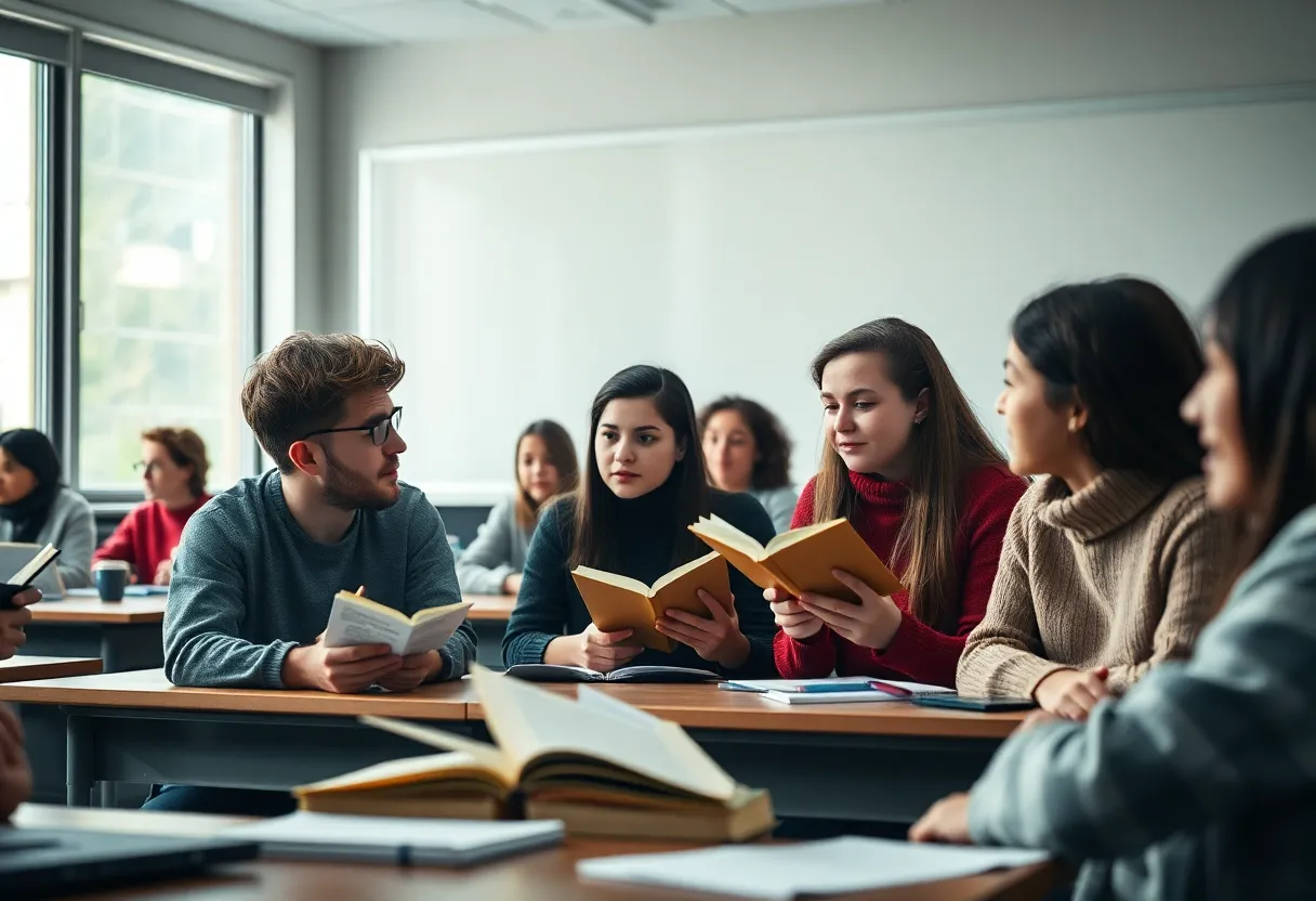 Students engaging in discussion with AI in the background