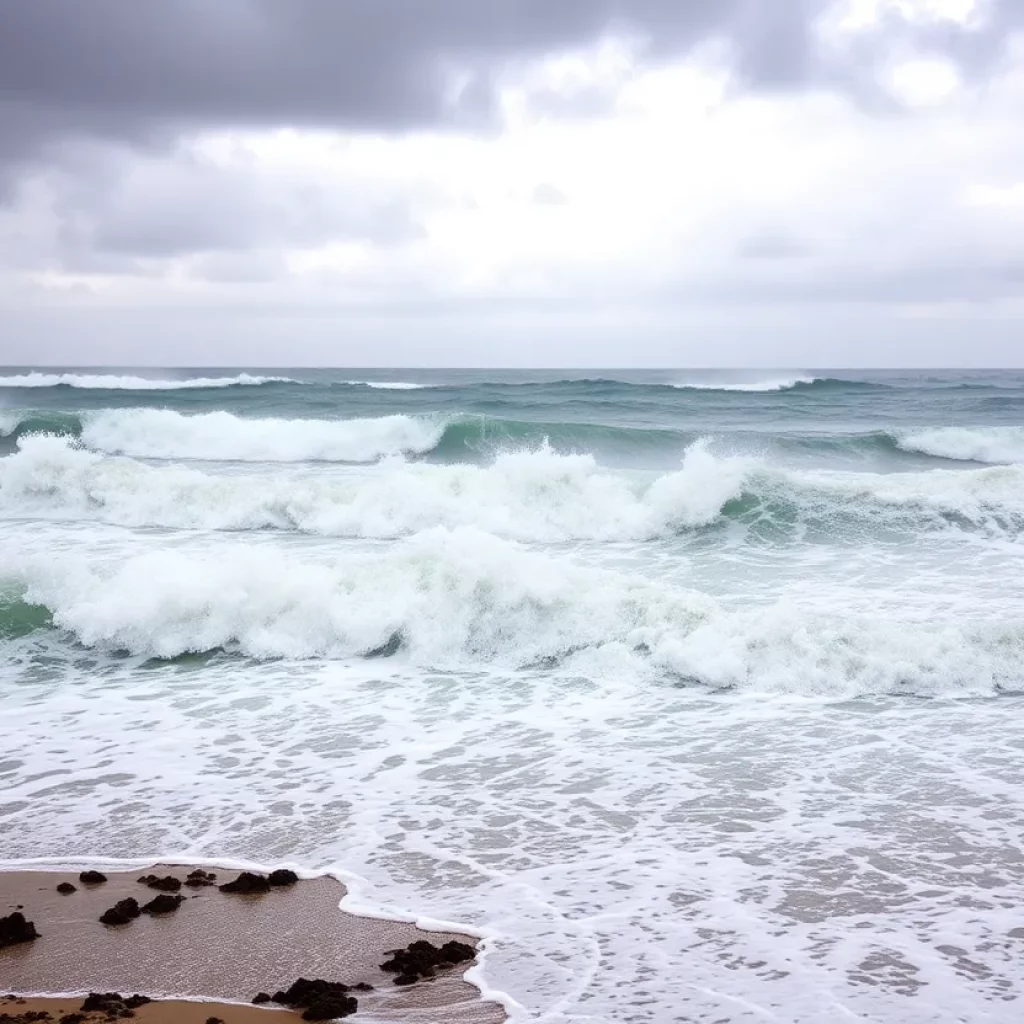 Waves crashing on the shore during Hurricane Erin
