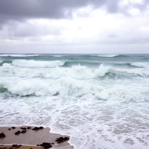 Waves crashing on the shore during Hurricane Erin