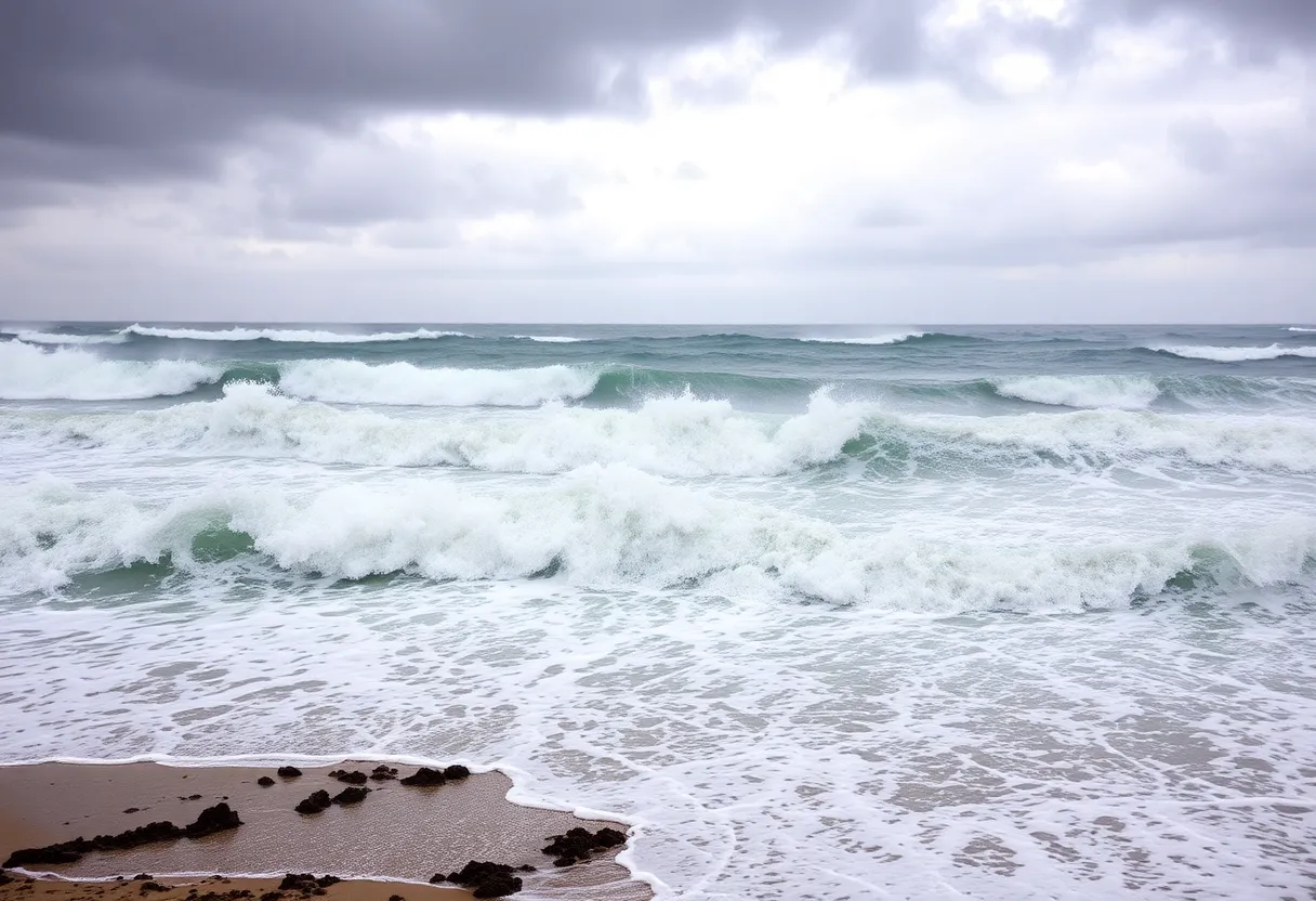 Waves crashing on the shore during Hurricane Erin