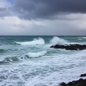 Rough ocean waves and stormy clouds due to Hurricane Erin